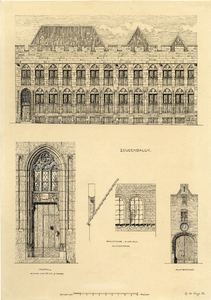 206801 Opstand van de voorgevel van het huis Zoudenbalch (Donkerstraat 15-19) te Utrecht (boven), afbeelding van de ...